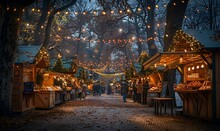 a street with tents and lights