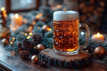 a glass of beer on a wood coaster