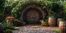 a round wooden door with vines growing on it