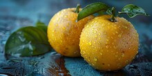 two oranges with leaves on a blue surface