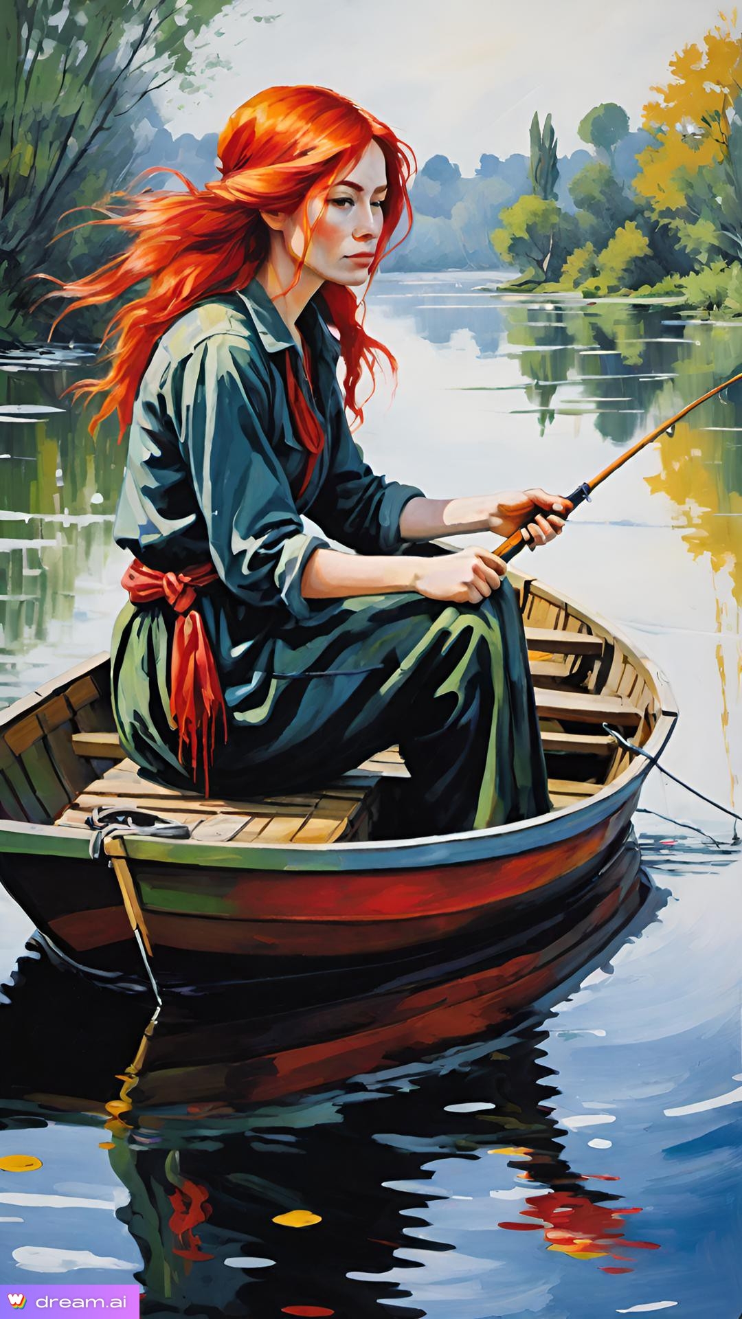 a painting of a woman fishing in a boat