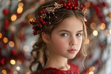 a girl with a red dress and red flowers in her hair