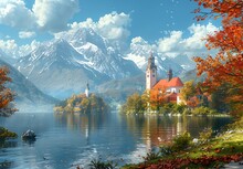 a lake with a building and mountains in the background