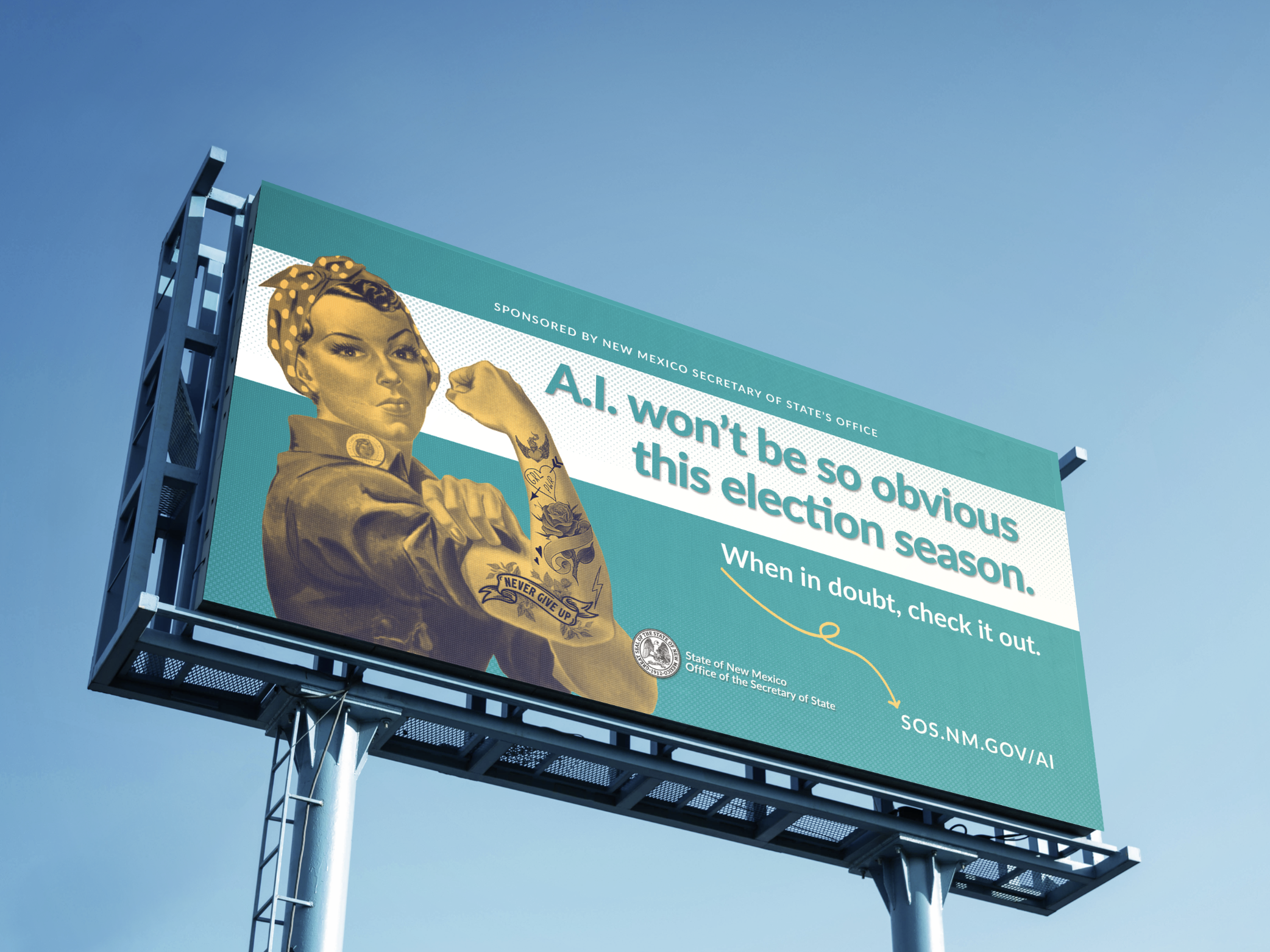 a billboard with a woman flexing her fist