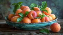 a bowl of peaches with leaves