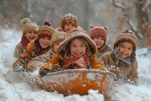 a group of children sledding in the snow