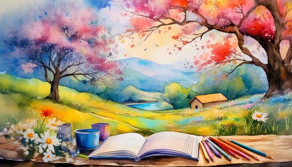 a painting of a landscape with a book and colored pencils