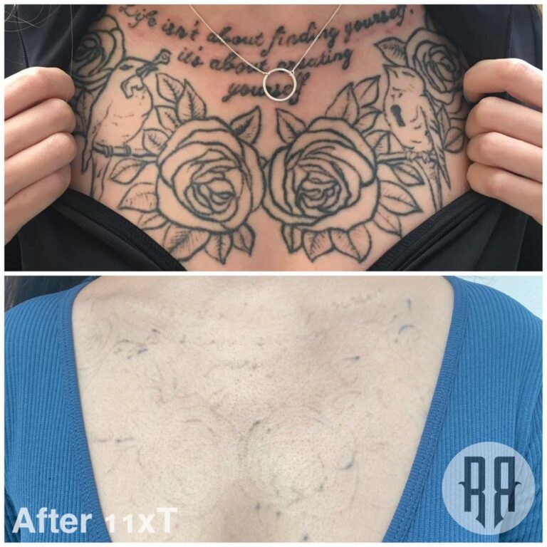 a collage of a woman's chest with tattoos