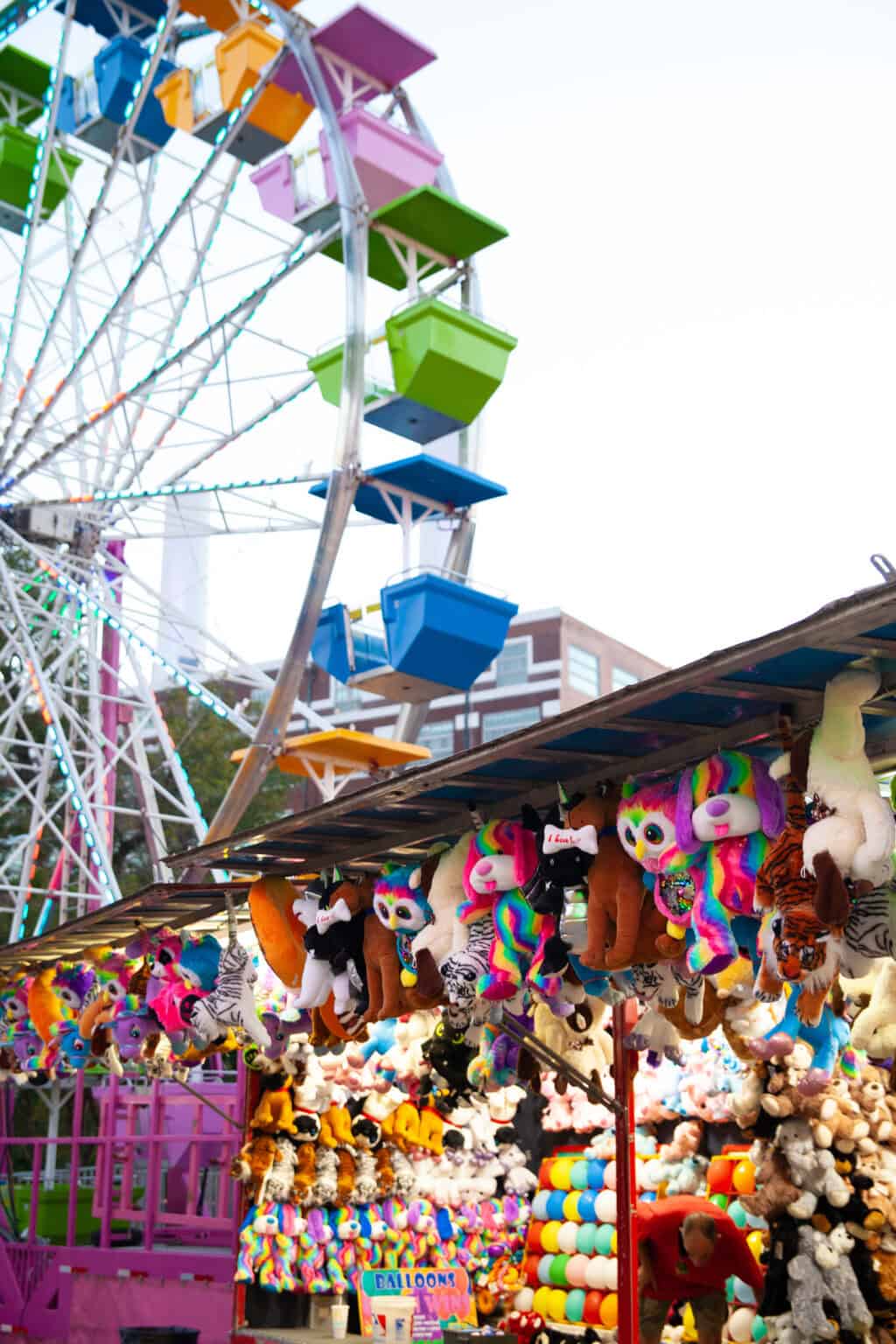a group of stuffed animals from a roof