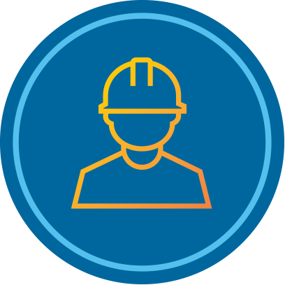 a blue circle with orange outline and a person wearing a hard hat