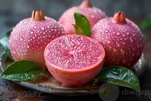 a group of pomegranates with water drops on them