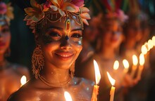 a woman with flowers on her head and a crown with candles