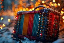 a colorful accordion in the snow