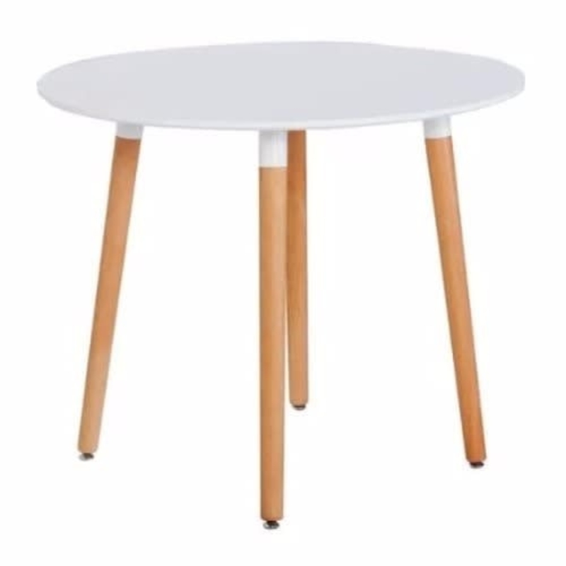 a white round table with wooden legs