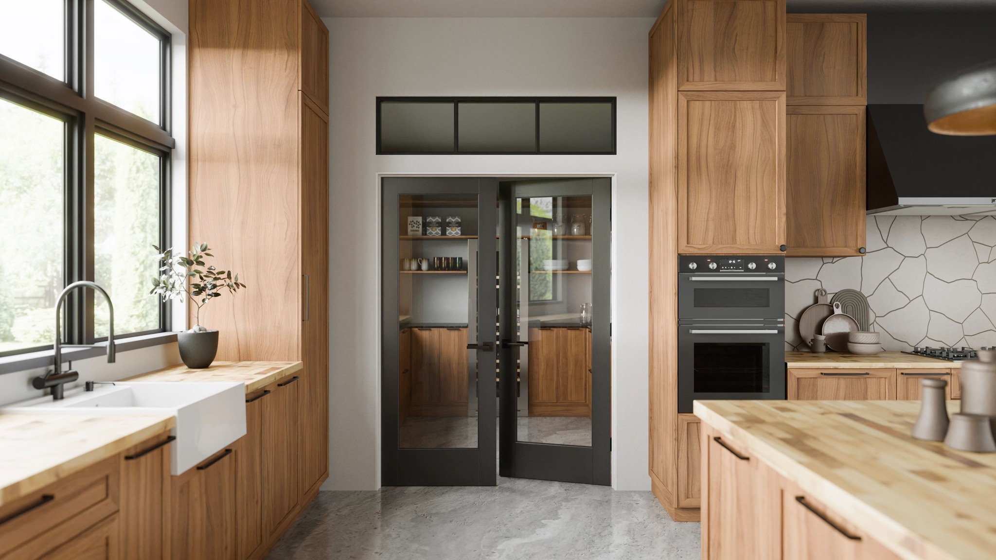 a kitchen with a double door