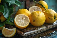 a group of lemons on a table