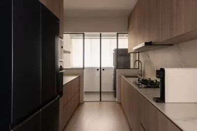 a kitchen with a glass door