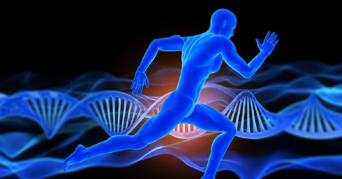 a blue human figure running on a dna strand