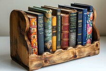 a wooden book shelf with books in it