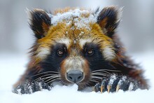 a raccoon with snow on its head