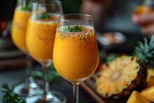 a group of glasses of orange juice