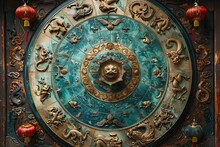 a circular blue and gold circular object with animals