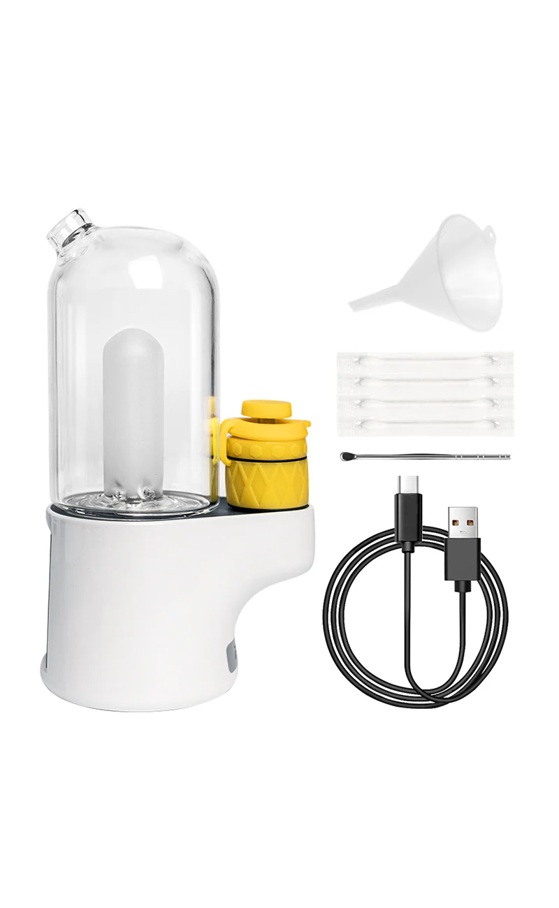a white device with a yellow container and a funnel