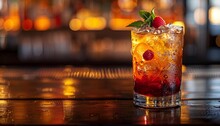 a glass of liquid with ice and berries