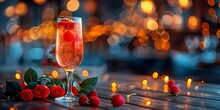 a glass of wine with berries on a table