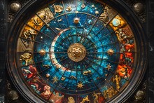 a circular glass clock with zodiac signs