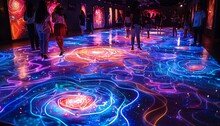 a group of people walking in a room with colorful lights