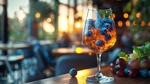 a glass of fruit and liquid on a table