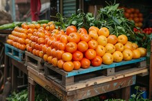 a group of oranges on a pallet