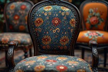 a group of chairs with colorful upholstery