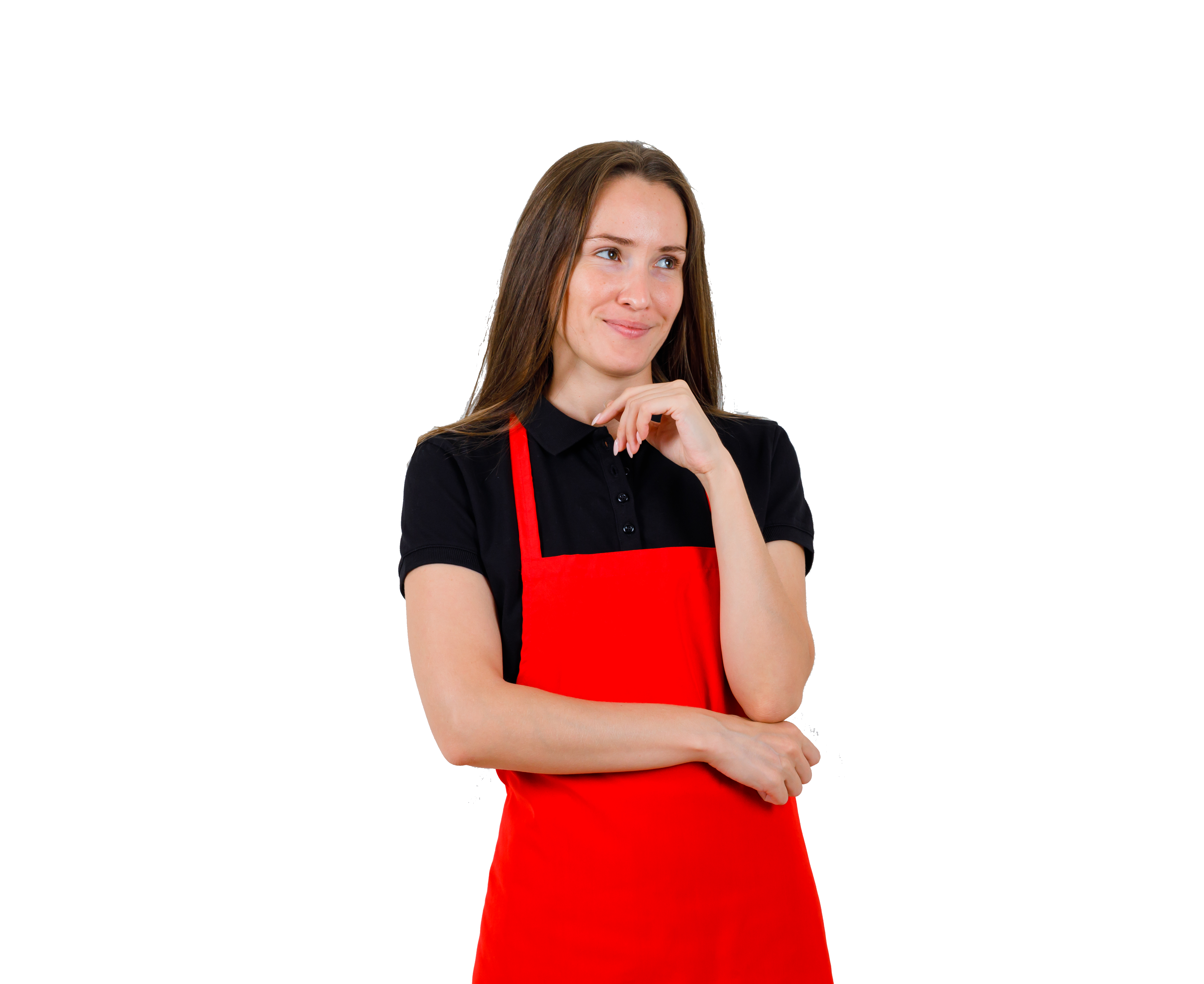 a woman wearing a red apron