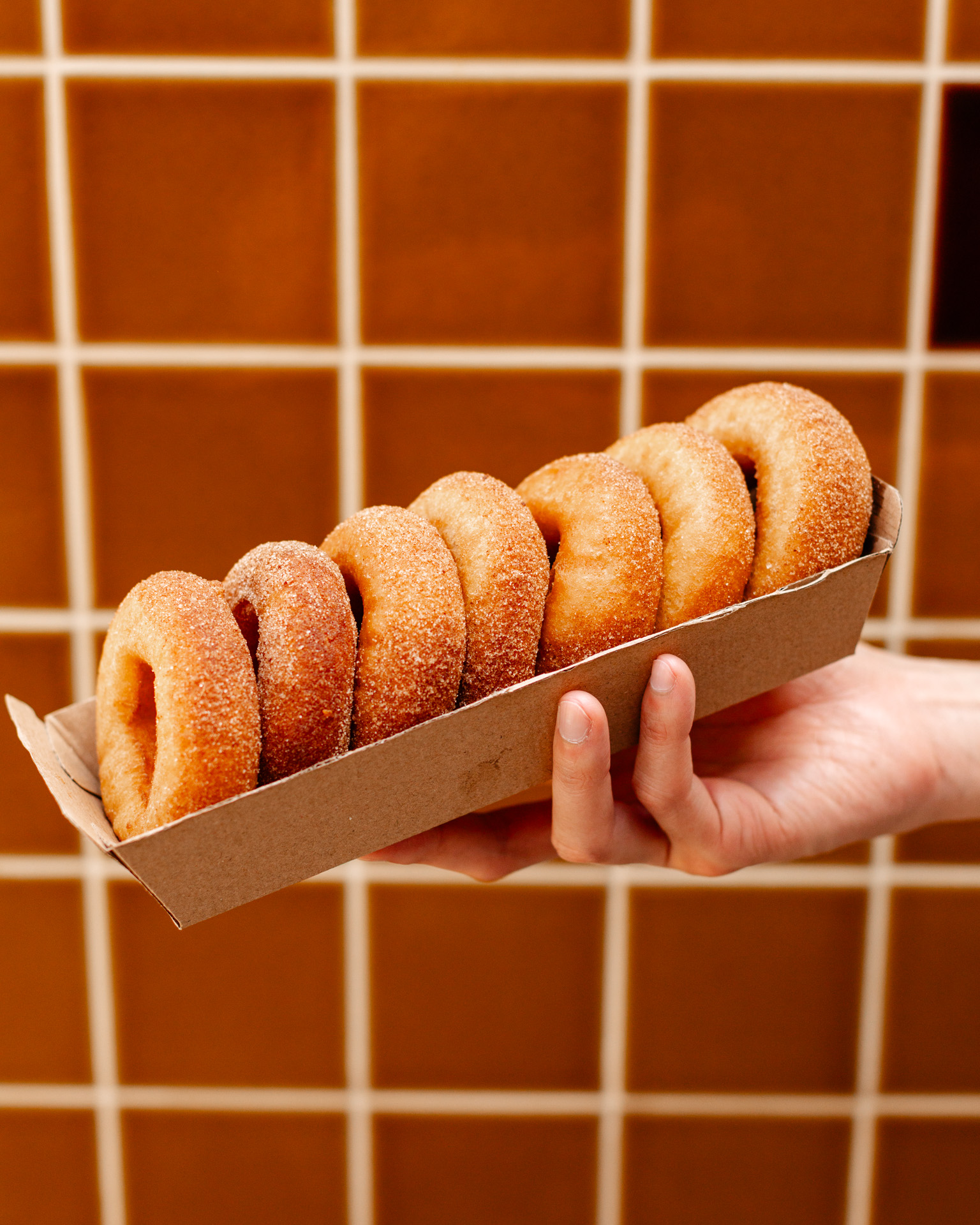 a hand holding a box of donuts