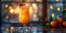 a glass of orange drink with a fruit on top