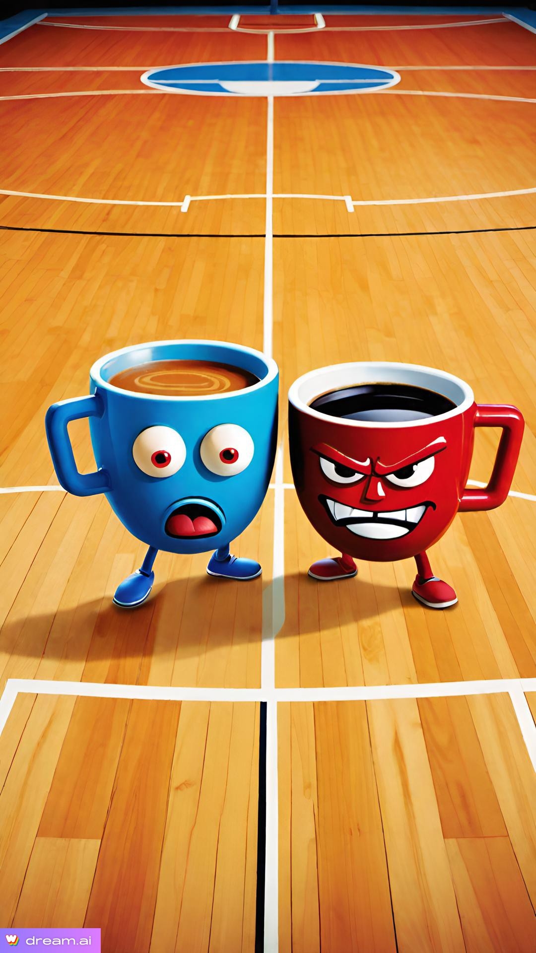 a couple of cups with faces on a basketball court