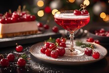 a glass of red liquid with cherries on top of a plate