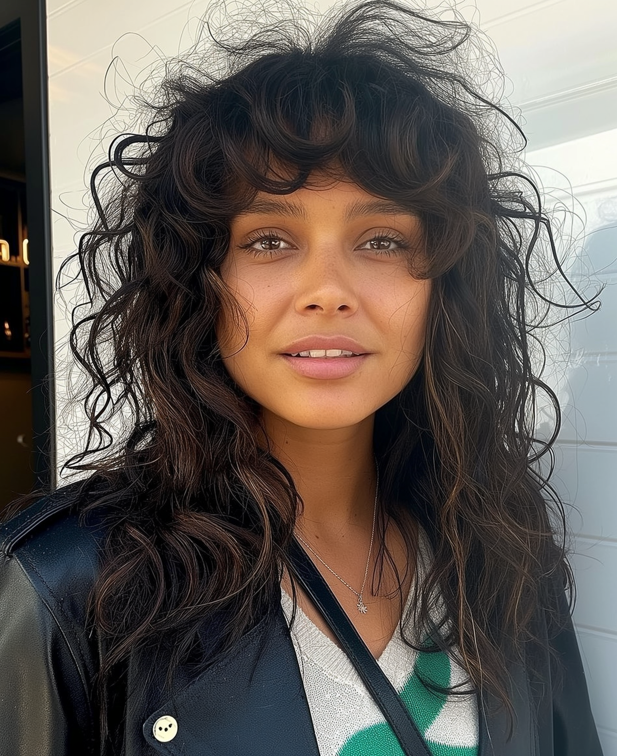 a woman with long curly hair